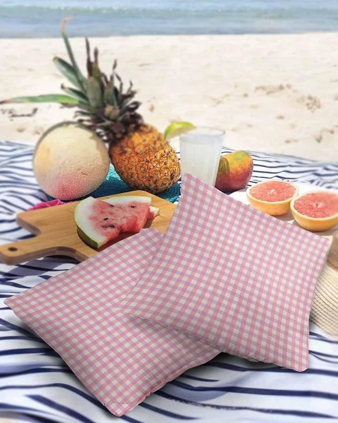 Outdoor Waterproof Throw Pillow Covers Set of 2 Pink Buffalo Plaid Pillowcases 24x24 Inches Linen Classic Checked Patio Decorative Pillows Cushion Case Patio Pillows for Couch Bed Chair Garden