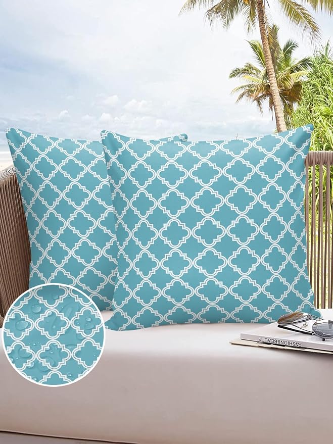 Outdoor Waterproof Pillow Covers for Patio Furniture Moroccan Pattern Decorative Throw Pillow Cover Blue Geometric Trellis Pillowcases Set of 2 Cushion Case for Sofa Couch Chair Home Decor 20x20 inch