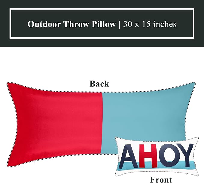 Edie At Home Bold Ahoy Nautical Decorative Throw Pillow for Patio Furniture, Sofa, Chair, or Bedroom, Reversible, Indoor and Outdoor Collection, 30 x 15 inches, Navy/White