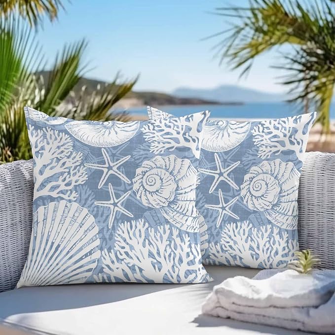 Outdoor Pillow Covers 18x18 Inch Set of 2, Lake Blue Starfish Coastal Waterproof Throw Pillow Covers, Summer Coral Shell Beach Nautical Decorative Cushion Pillowcases for Couch Sofa Bed Garden Patio