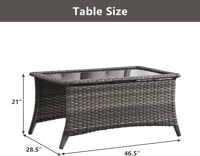 Belord Outdoor Coffee Table with Tempered Glass Top, Patio Rectangular Mixed Grey Wicker, Handwoven Rattan Coffee Table Compatible with Patio Furniture Sets for Porch Deck Backyard