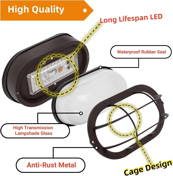 WISBEAM 2 Pack LED Bulkhead Light, Outdoor Bulkhead LED Wall Light, Dimmable, 6W Replace 60W, 450 Lumen 3000K Daylight White 80CRI, Water-Proof, ETL Rated