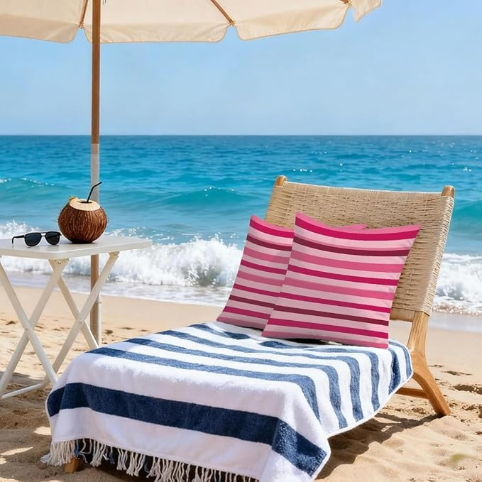 22x22 Inch Outdoor Pillow Covers Set of 2 Waterproof Throw Pillow Covers Decorative Couch Cushion Covers Pink Red Striped Square Pillowcases Protectors for Patio Garden Sofa