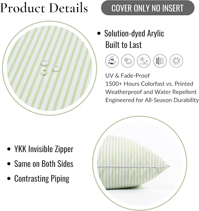 Hofdeco Premium Coastal Hampton Outdoor Performance Lumbar Pillow Cover Only, 12"x20" Water Repellent, UV and Fade Resistant for Backyard, Couch, Poolside, Grass Green Woven Coastline Stripes