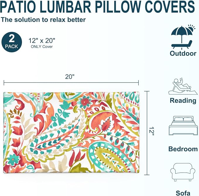 DYTXIII Pack of 2 Outdoor Waterproof Lumbar Pillow Covers ONLY, 12x20 Rectangle Decorative Double Printed Pillow Cases for Patio Couch Porch Furniture - Pretty Paisley