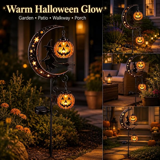 Solar Halloween Black Witch & Pumpkin Moon Garden Stake Light, Outdoor Waterproof LED Yard Decoration with Crescent Moon, Hanging Jack-o'-Lantern Lantern for Garden, Patio, Walkway, Porch(Style E)