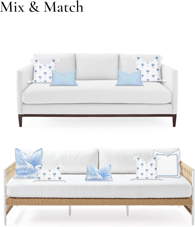 Hofdeco Premium Coastal Patio Indoor Outdoor Pillow Cover Only, 20"x20" Water Repellent for Backyard, Couch, Cornflower Blue Embroidered Coconut Tree Tassel
