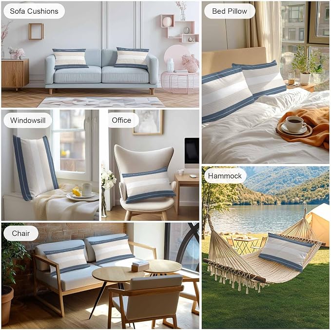 Haze Blue Beige Stripe Outdoor Pillow Covers Waterproof, All Weather Cushion Case Set of 2, Modern Art Horizontal Striped Lumbar Pillowcase for Sofa Couch Bed Decor Patio Furniture 20"x12"