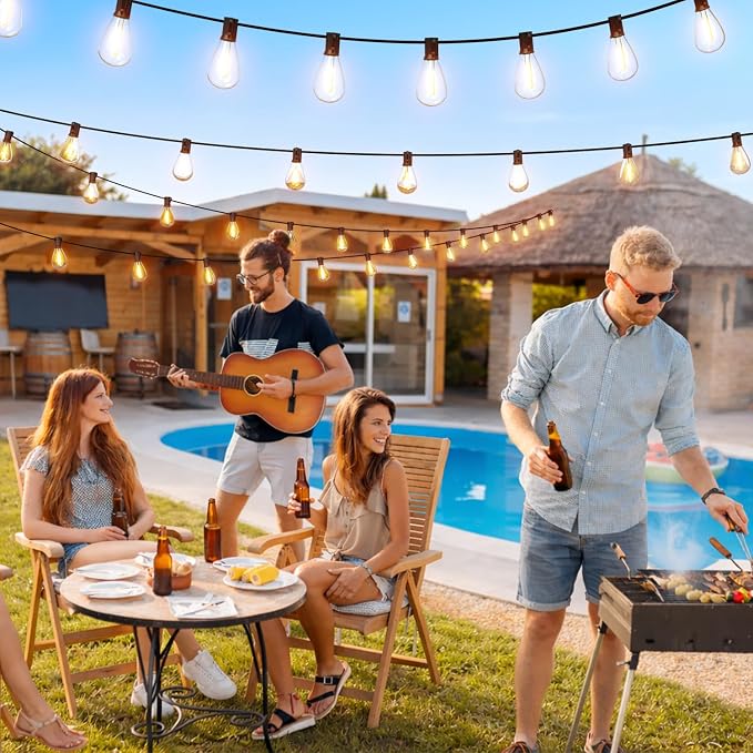 100FT Outdoor String Lights with Remote & Dimmable, 35+1 Shatterproof Waterproof Bulbs, Dimmable Outside Hanging Patio Lights for Backyard, Porch, Deck, Garden 2700K Warm White