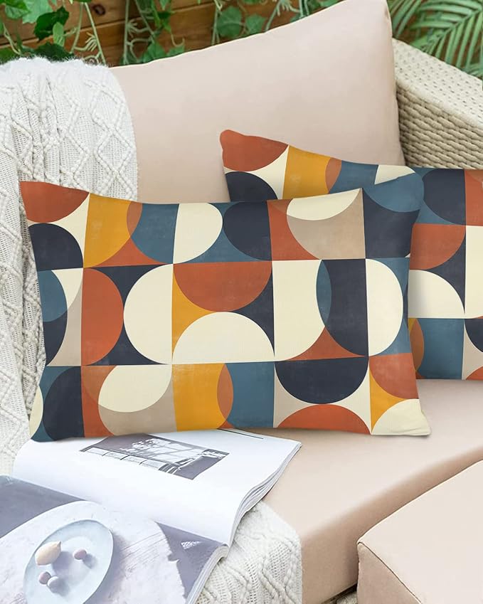 Vandarllin Outdoor Throw Pillows Covers 20x12 inch Set of 2 Waterproof Mid Century Geometric Decorative Zippered Cushion Covers for Patio Furniture, Abstract Modern Lumbar Pillowcases