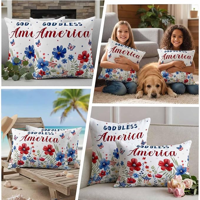 God Bless USA Outdoor Waterproof Throw Pillow Covers Set of 2, 26"x26", Red Blue Daisy Butterfly Independence Day Decorative Pillow Covers Outside Cushion Case for Patio Porch Garden