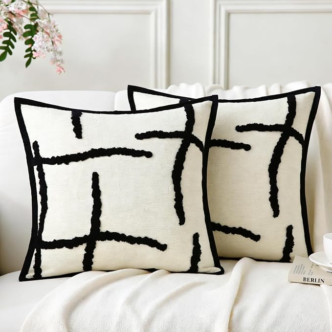 Decorative Throw Pillows with Inserts 2 Pack 18" x 18" Boho Soft Tufted Modern Chenille Pillow for Home, Patio, Couch, Bedroom, Living Room (Black Lines)
