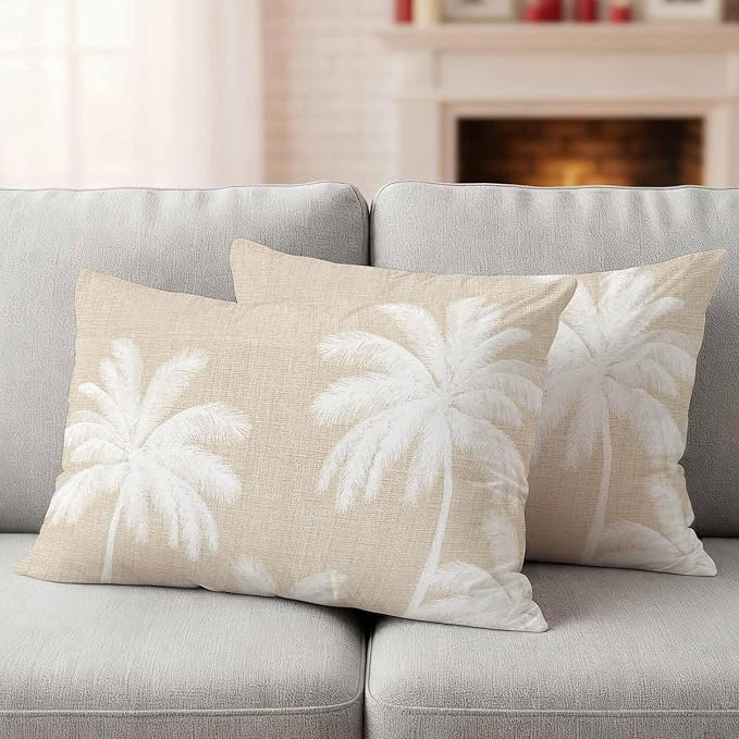Lumbar Pillow Covers 20x12 Inch Set of 2, Beige Palm Trees Waterproof Outdoor Pillow Covers, Farmhouse Tropical Summer Beach Decorative Cushion Pillowcases for Couch, Sofa, Bed, Garden, Patio
