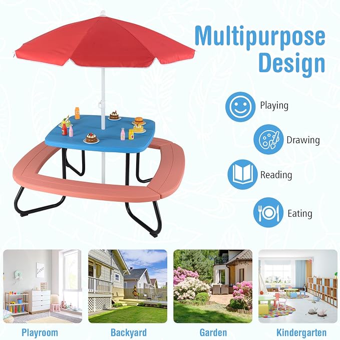 HONEY JOY Kids Picnic Table, 8 Person Toddler Outdoor Table and Chair Set, 4 Built-in Benches, Removable Umbrella, Metal Frame & HDPE Top, Children Outdoor Furniture for Backyard Patio Garden (Red)