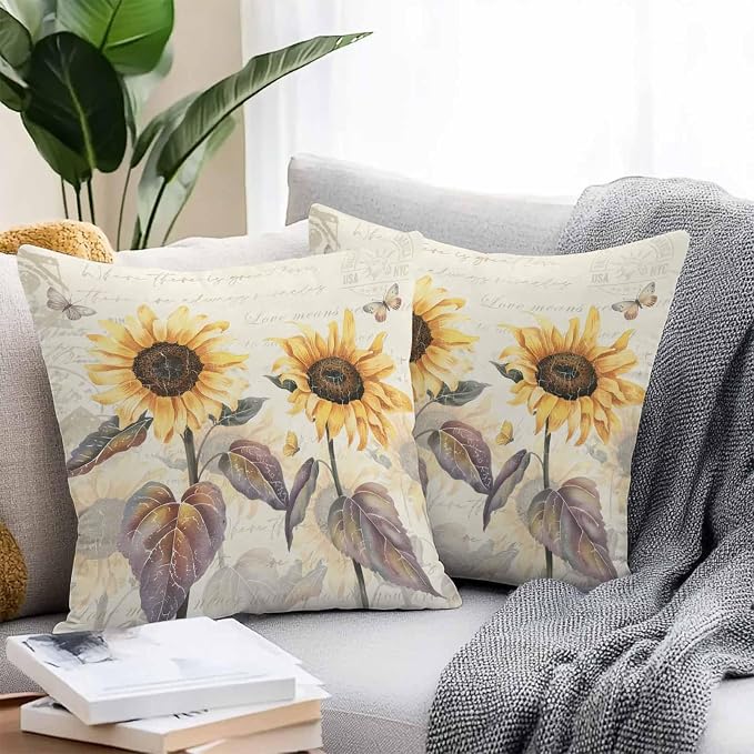 Sunflower Outdoor Pillow Covers Pack of 2, Retro Sunflower Floral Butterfly Waterproof Pillow Covers Seasonal Spring Summer Throw Pillowcase for Patio Funiture Garden Tent, 16 x 16 inch