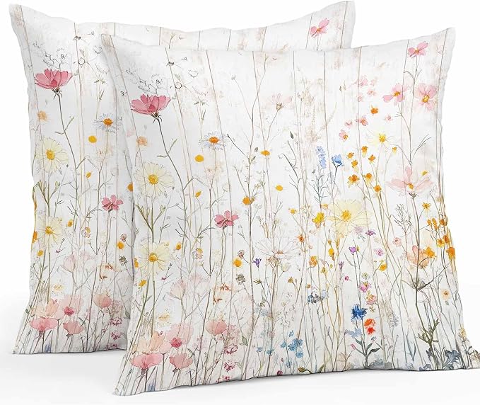 Vintage Flowers Waterproof Outdoor Pillow Covers 24''x24'' Set of 2, Botanical Patio Furniture Spring Cushion Covers for Chairs, Decorative Watercolor Wildflowers Pillow Cases for Garden/Pool/Beach