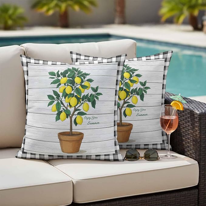 Summer Yellow Lemons Outdoor Waterproof Pillow Covers Set of 2, Green Leaf Botanical Gardens Wood Grain Plaid Pillowcase Decorative Throw Cushion Cases for Patio Garden Couch 16 x 16 Inches