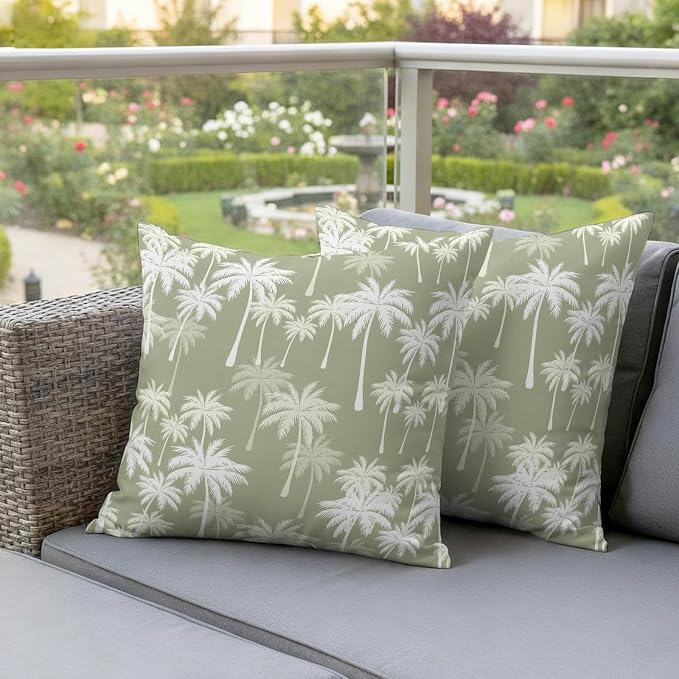 Throw Pillow Covers 18x18 Inch Set of 2, Tropical Palm Tree Waterproof Outdoor Pillow Covers, Sage Green Plants Coastal Leaf Beach Decorative Cushion Pillowcases for Couch, Sofa, Bed, Garden, Patio