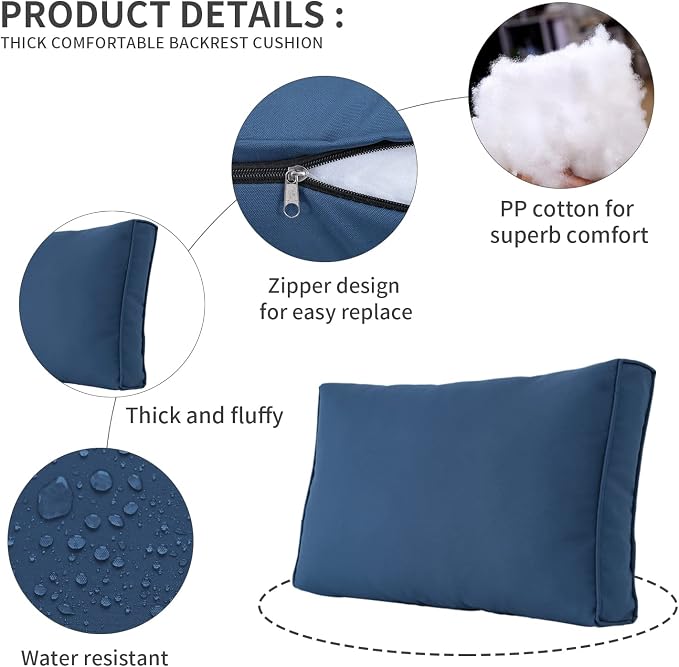 Valita Outdoor Furniture Replacement Cushions, Fits 6-seat Sectional Rattan Conversation Set, 14 Piece Patio Water-Resistant Replacement Sofa Cushions, Liner&Cover (Navy Blue)