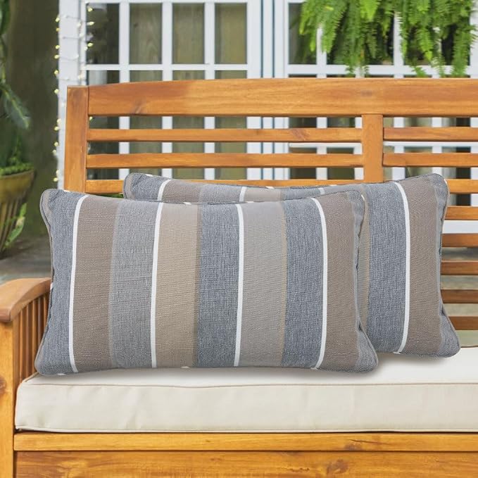 Lumbar Pillow with Insert, Set of 2, Outdoor Indoor Waterproof Decorative Patio Lumbar Pillow 12x20 Inch, Rectangular Cushion for Couch Sofa Garden Farmhouse Decoration-Grey Stripe