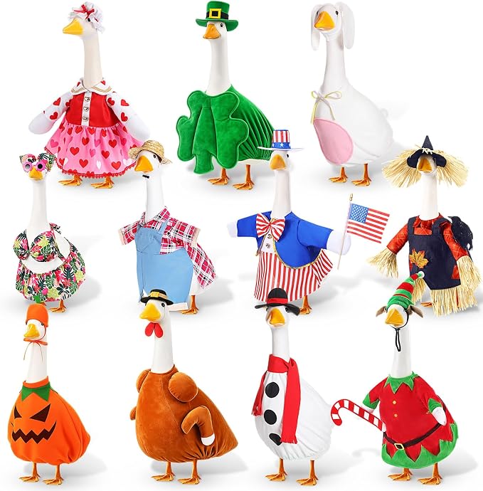 11 Set Holiday Porch Goose Outfits All Seasons Goose Clothes Umbrella Easter Statue Costume for Patio Lawn Outdoor