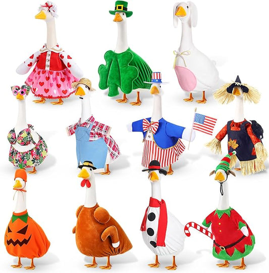 11 Set Holiday Porch Goose Outfits All Seasons Goose Clothes Umbrella Easter Statue Costume for Patio Lawn Outdoor