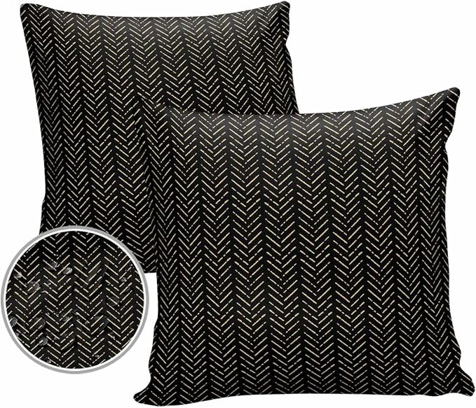 Black Gold Striped Outdoor Pillow Covers Waterproof,All Weather Cushion Case Set of 2 Decorative Pillowcases for Sofa Couch Bed Decor Patio Furniture 16"x16" Boho Minimalist Geometric Bohemia
