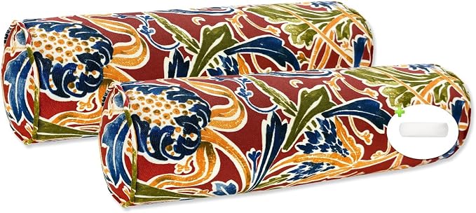 Pack of 2 Outdoor Waterproof Decorative Bolster Pillows with Inserts for Patio Furniture, 20x6 Inch Fade Resistant Patio Garden Bolster Cushions for Couch Bed Sofa, Jacobean Red