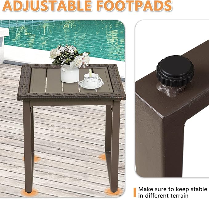 Wicker Outdoor Side Table Metal Patio Coffee Table, Square End Table with Wicker Edge & Slatted Metal Top, for Lawn Garden Backyard, Brown