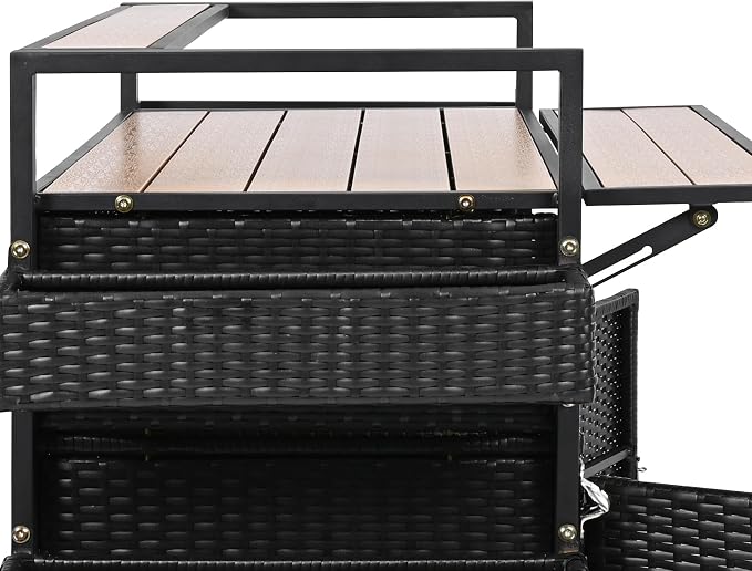 52.8" W Wicker Outdoor Bar Cart Table with Extended Plastic Wood Table Top, Outdoor Grill Cart with Large Storage Cabinet, for Patio Backyard Garden Poolside, Double Handle Design, Black