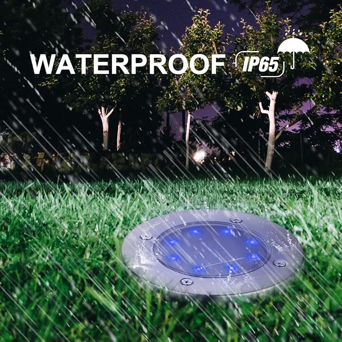 LYHOPE Solar Ground Lights Outdoor, 8 Pack 8 LED Solar Disk Lights Waterproof Garden In-ground Pathway Light Landscape Lighting for Lawn,Yard,Deck,Patio,Walkway (Blue)