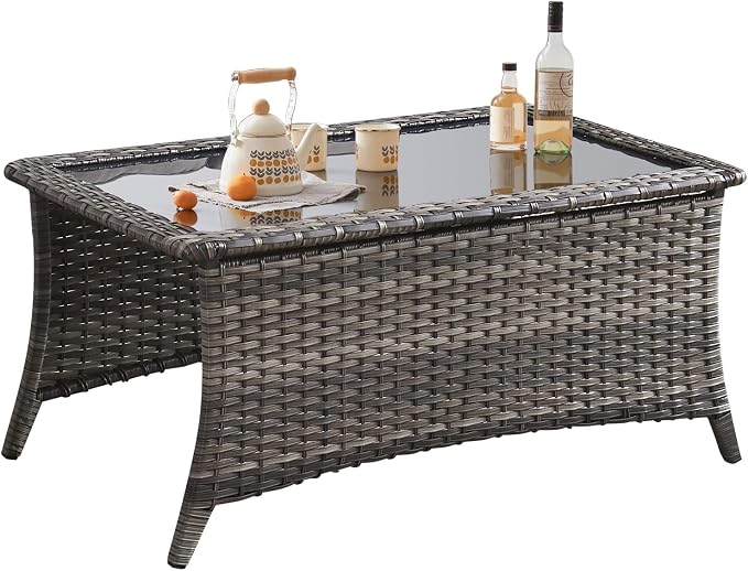 Belord Outdoor Coffee Table with Tempered Glass Top, Patio Rectangular Mixed Grey Wicker, Handwoven Rattan Coffee Table Compatible with Patio Furniture Sets for Porch Deck Backyard