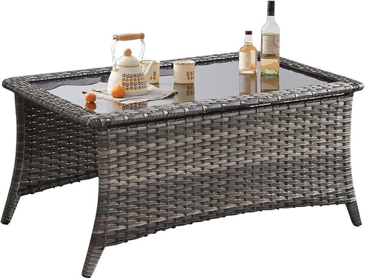 Belord Outdoor Coffee Table with Tempered Glass Top, Patio Rectangular Mixed Grey Wicker, Handwoven Rattan Coffee Table Compatible with Patio Furniture Sets for Porch Deck Backyard