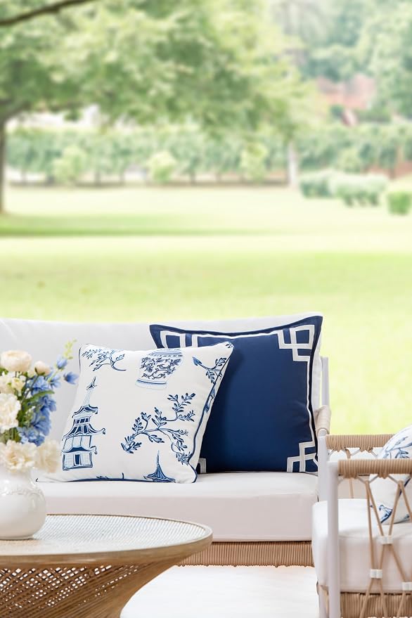 Hofdeco Premium Coastal Patio Indoor Outdoor Throw Pillow Cover Only, 20"x20" Water Repellent for Backyard, Couch, Navy Blue Chinoiserie with Piping