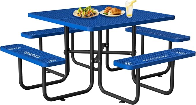 46'' Square Metal Picnic Table with 1.73" Umbrella Hole, Heavy-Duty Commercial Grade Steel Table Set, Rust Resistant Mesh Tabletop, Smooth Round Corner Design for Patio, Garden, Park & BBQ, Blue