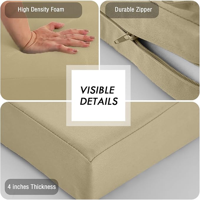 Outdoor Loveseat Cushions for Patio Furniture, Waterproof Cushion | Couch Hampton Bay Deep Seat Cushion Replacement Set 46" x 26", Patio Love Seat Sofa Cushions for Porch Garden Chair, Khaki