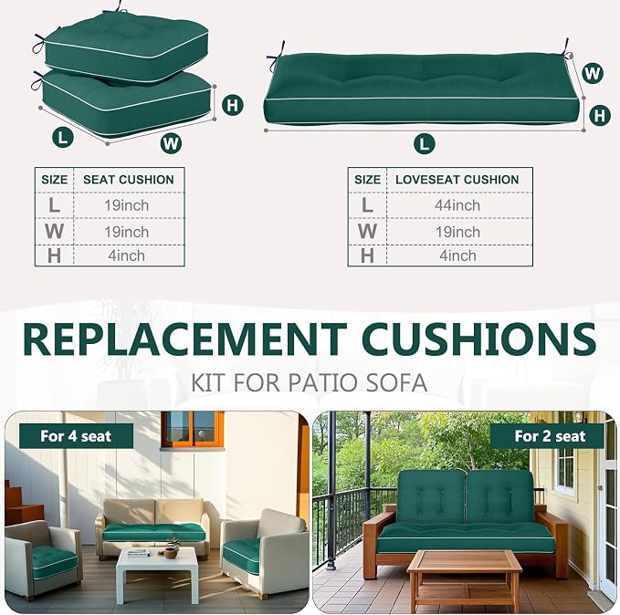 Wenqik 44 x 19 x 4 Inch Outdoor Bench Cushion Set of 3 Waterproof Tufted 1 Patio Loveseat Cushions and 2 Square Chair Seat Pad for Outdoor Furniture Couch Swing Sofa Wicker Settee(Green)