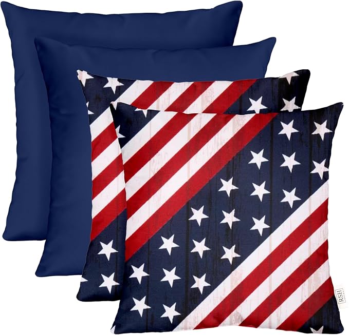 RSH DECOR Square Throw Pillows Set of 4, 17" x 17", Outdoor Pillows Waterproof, Outdoor Pillow Covers, Pillow Covers for Couch, Rustic Americana & Solid Navy, Made in USA