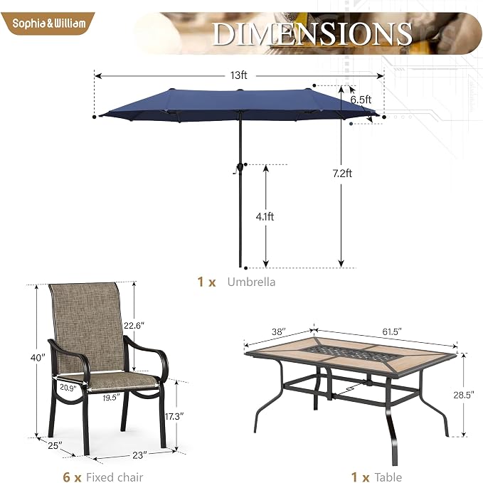 Sophia & William Patio Set with Umbrella Outdoor Dining Set with 13ft Navy Umbrella, 6 x Fixed Dining Chairs, 1 Wood Like Patio Table for Lawn Garden Backyard Pool (Umbrella Base Not Included)