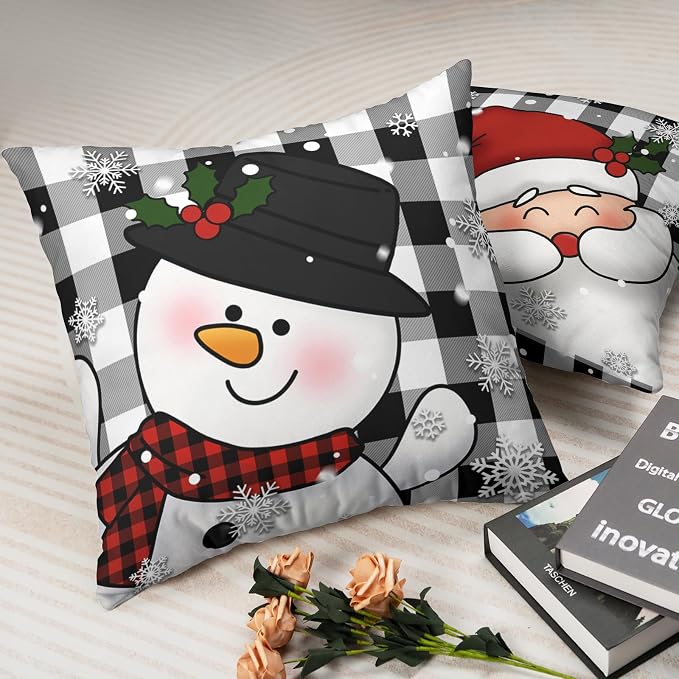 Plaid Christmas Decorations Black and White Pillow Covers 24x24 Set of 2 Santa Snowman Cushion Covers Winter Snowflakes Pillows Decorative Holiday Home Decor for Sofa Bed