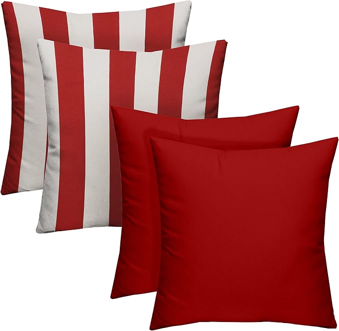 RSH DECOR Set of 4 Square Throw Pillows | Indoor/Outdoor All Weather Polyester Fabric | Decorative Accent Pillows for Patio Furniture | Reversible | 17" x 17" | Heritage Red + Red & White Stripe