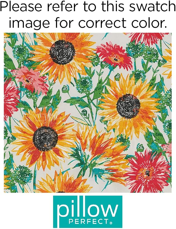 Pillow Perfect Bright Floral Indoor/Outdoor Tufted Wicker Seat Cushion With Ties, 2 Count, 15.5" x 16", Yellow/Green Sunflowers