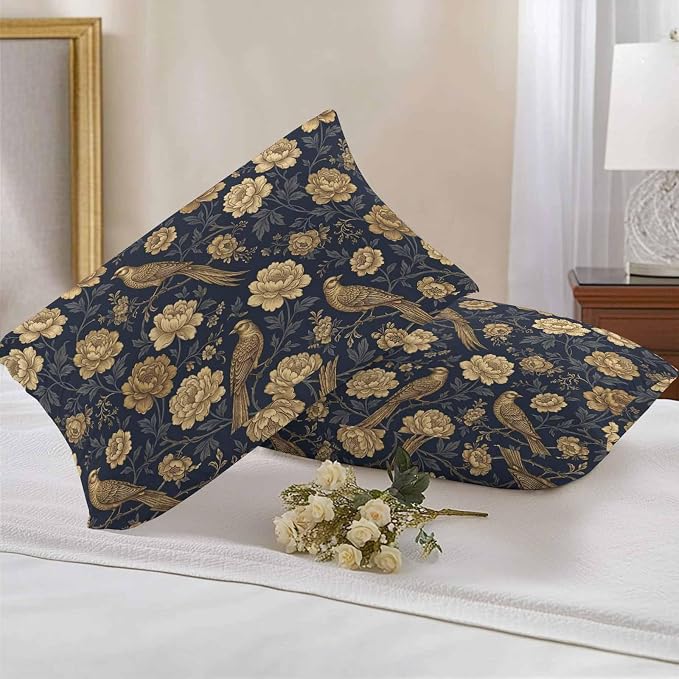 Vintage Gold Navy Blue Floral Outdoor Pillow Covers 20"x12" Set of 2, Bird Peony Flower Traditional Waterproof Throw Pillow Covers for Patio Furniture, Decorative Cushion Covers for Porch