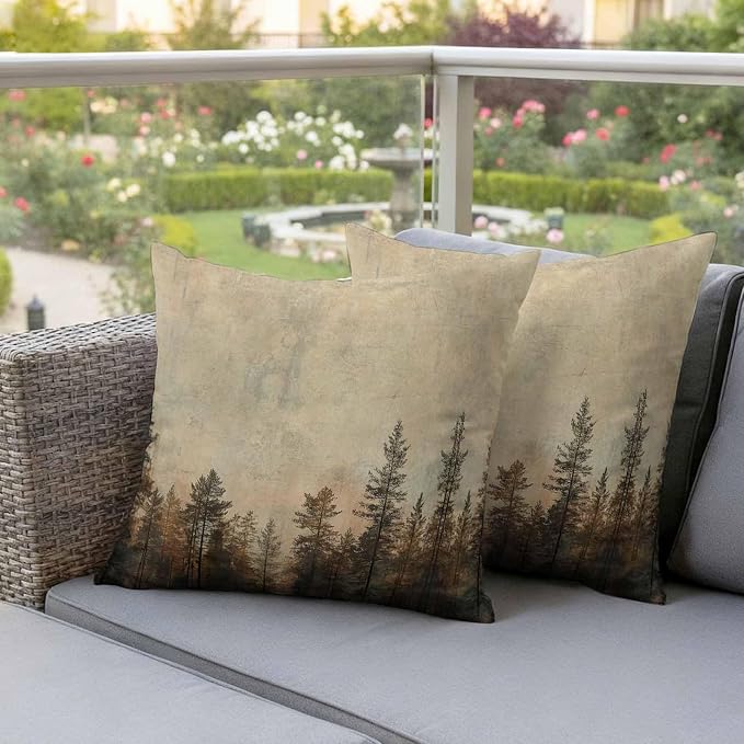 Outdoor Waterproof Pillow Covers 18x18Inch Vintage Forest Pine Tree Plant Throw Pillowcases for Patio Garden Couch Sofa Retro Natural Wild Scenery Decorative Cushin Case,Pack of 2