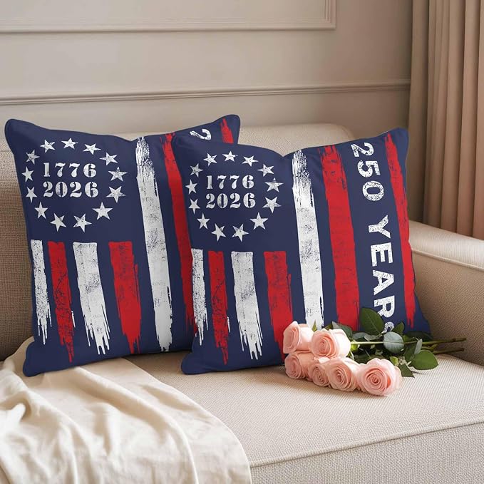 250 Years America Outdoor Pillow Covers 16"x16" Set of 2, Waterproof Throw Pillow Covers for Patio Furniture, USA 250th Anniversary Red White Blue Decorative Cushion Covers for Porch