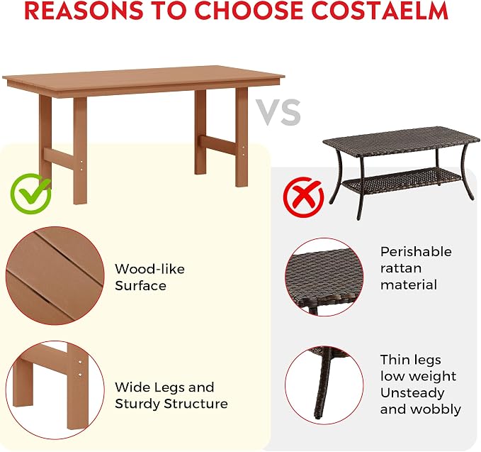 Costaelm Outdoor Patio Table, Outdoor Dining Table for 6, Weather Resistant Rectangle Patio Table with Umbrella Hole for Outside, Garden, Poolside, Porch, Teak
