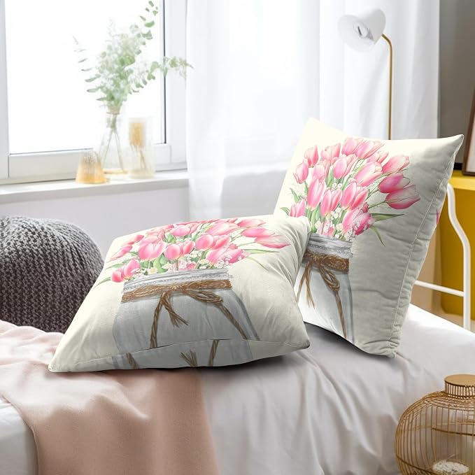 Spring Tulips Flowers Pillow Covers 20x20 Inch, Set of 2 Watercolor Pink Floral Spring Decorative Throw Pillowcases Square Cushion Cover for Couch Sofa Bed Porch Outdoor Home Decor