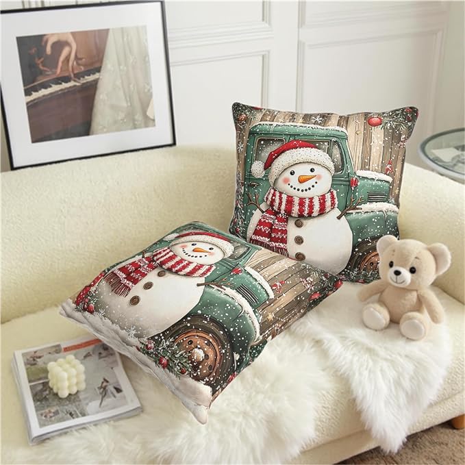Christmas Snowman Pillow Covers 18x18 Set of 2 Green Xmas Truck Throw Pillow Covers Wooden Pattern Background Pillowcase Winter Holiday Cushion Case for Living Room Sofa Couch