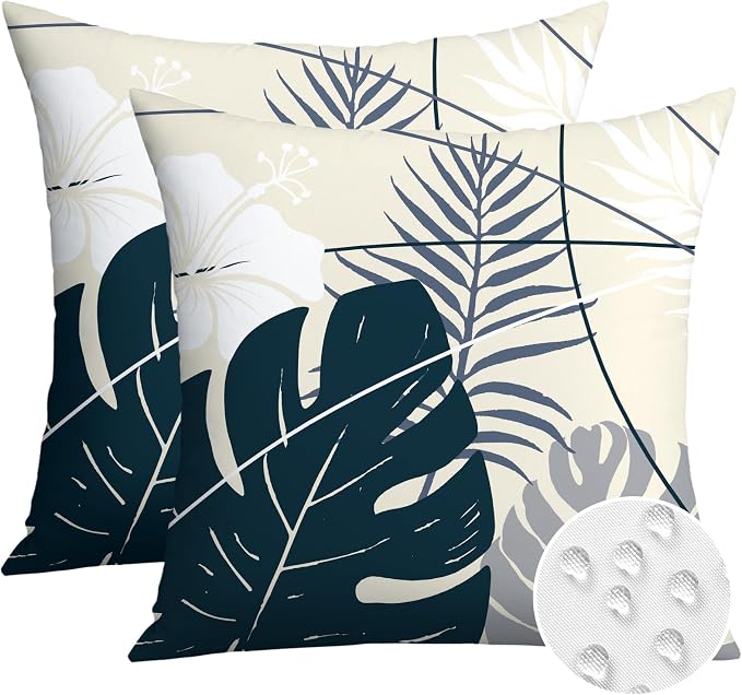 OTOSTAR Outdoor Waterproof Throw Pillow Covers 16x16 Inch Set of 2 Double-Sided Dark Blue Grey Tropical Leaf and Flower Spring Summer Decorative Pillow Cases for Patio Funiture Garden Balcony Couch