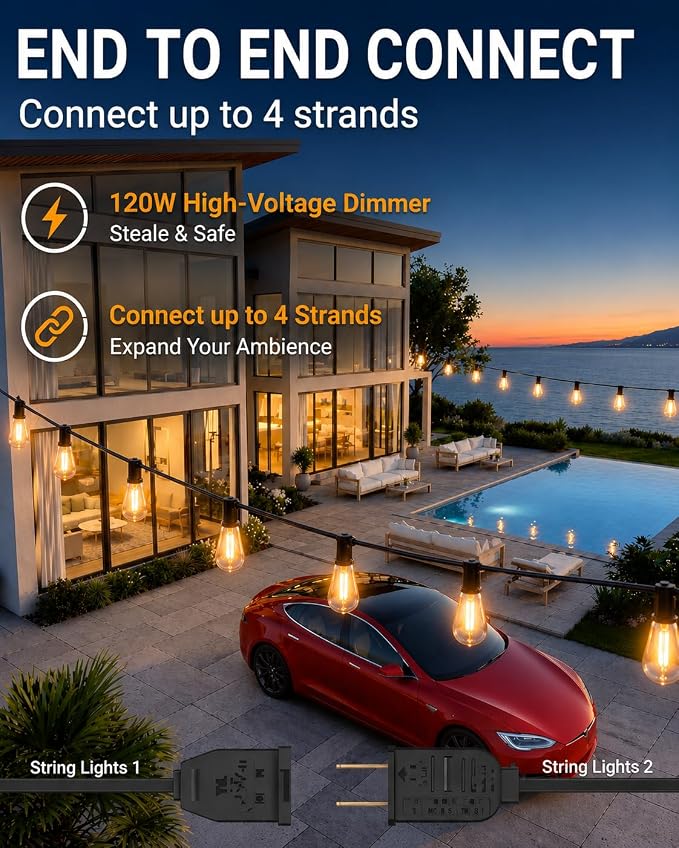 Outdoor String Lights 80FT, 50+4 Shatterproof Bulbs ST38, 1.5FT Spacing, IP65 Waterproof | Dimmable with Remote, Heavy-Duty, Include Screw & Zip Ties for Patio Backyard Holiday Outside